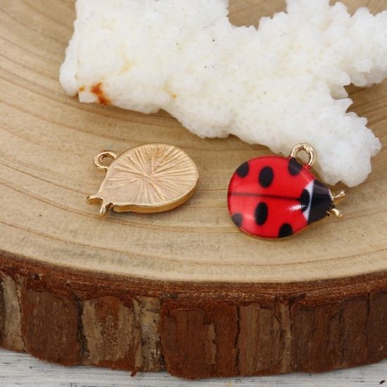 Bild von Zinklegierung Charms Marienkäfer Vergoldet Schwarz & Rot Emaille 15mm x 13mm, 10 Stück