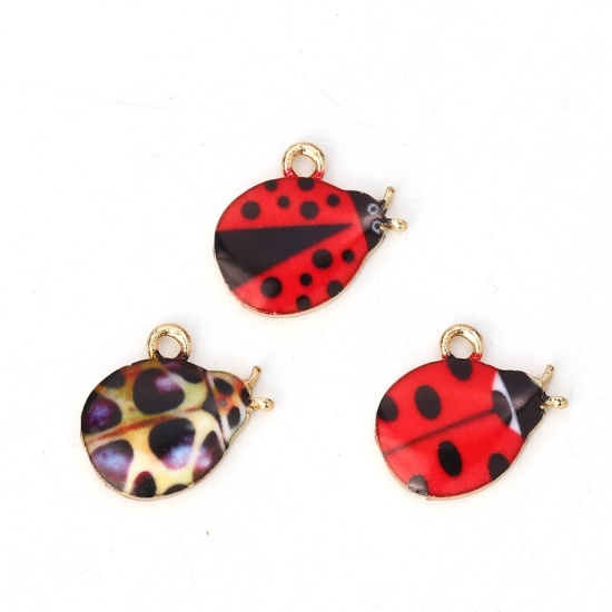 Bild von Zinklegierung Charms Marienkäfer Vergoldet Schwarz & Rot Emaille 15mm x 13mm, 10 Stück