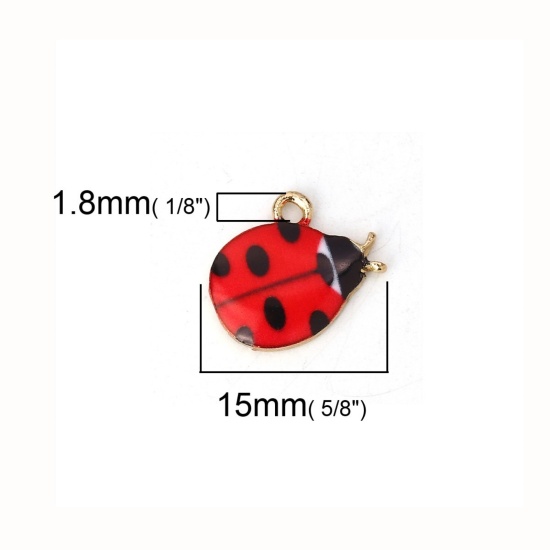 Bild von Zinklegierung Charms Marienkäfer Vergoldet Schwarz & Rot Emaille 15mm x 13mm, 10 Stück