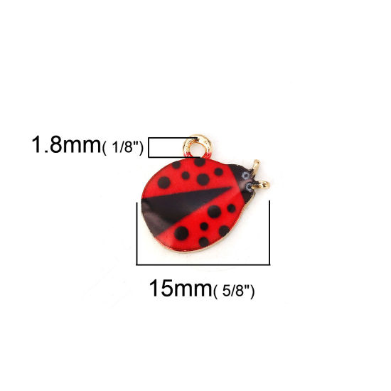 Bild von Zinklegierung Charms Marienkäfer Vergoldet Schwarz & Rot Emaille 15mm x 13mm, 10 Stück