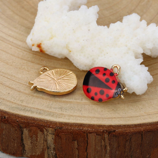 Bild von Zinklegierung Charms Marienkäfer Vergoldet Schwarz & Rot Emaille 15mm x 13mm, 10 Stück