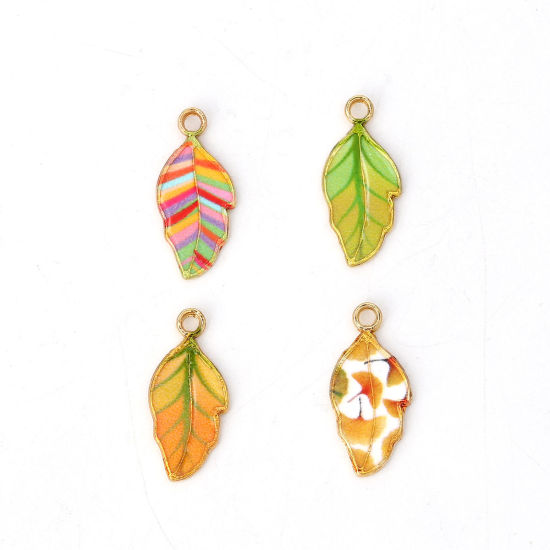 Bild von Zinklegierung Charms Blätter Vergoldet Gelb Emaille 22mm x 10mm, 10 Stück