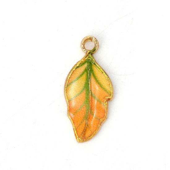Bild von Zinklegierung Charms Blätter Vergoldet Gelb Emaille 22mm x 10mm, 10 Stück