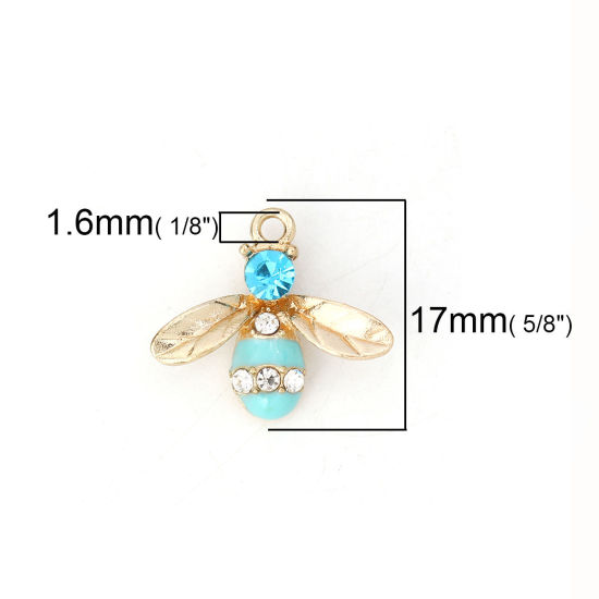 Picture of Zinc Based Alloy Charms Bee Animal Gold Plated Blue Clear Rhinestone Enamel 17mm( 5/8") x 15mm( 5/8"), 10 PCs