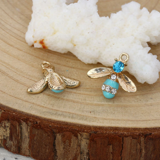 Picture of Zinc Based Alloy Charms Bee Animal Gold Plated Blue Clear Rhinestone Enamel 17mm( 5/8") x 15mm( 5/8"), 10 PCs