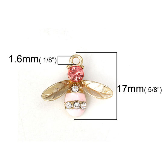 Picture of Zinc Based Alloy Charms Bee Animal Gold Plated Blue Clear Rhinestone Enamel 17mm( 5/8") x 15mm( 5/8"), 10 PCs