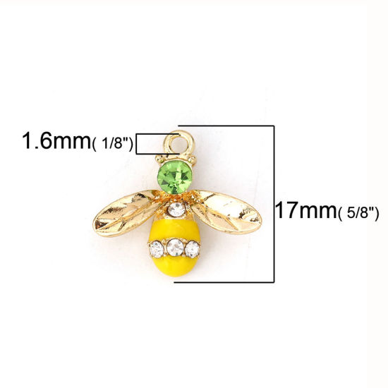 Picture of Zinc Based Alloy Charms Bee Animal Gold Plated Blue Clear Rhinestone Enamel 17mm( 5/8") x 15mm( 5/8"), 10 PCs