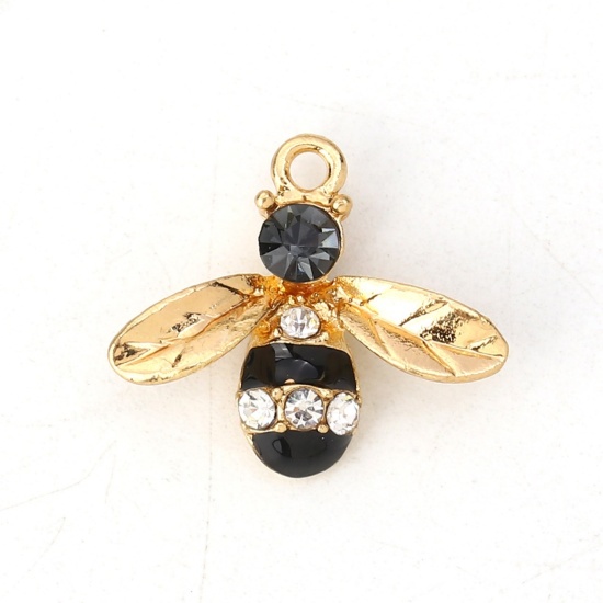 Picture of Zinc Based Alloy Charms Bee Animal Gold Plated Black Clear Rhinestone Enamel 17mm( 5/8") x 15mm( 5/8"), 10 PCs