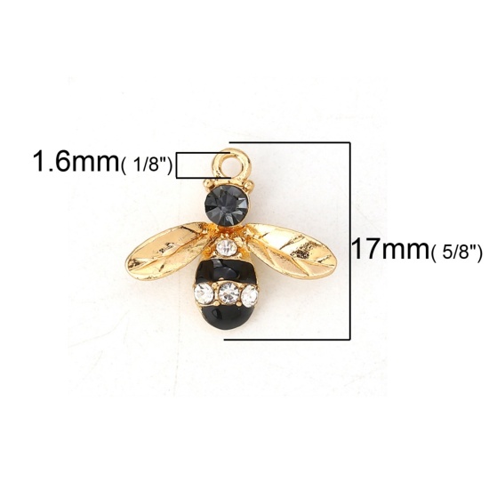 Picture of Zinc Based Alloy Charms Bee Animal Gold Plated Black Clear Rhinestone Enamel 17mm( 5/8") x 15mm( 5/8"), 10 PCs