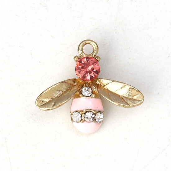 Picture of Zinc Based Alloy Charms Bee Animal Gold Plated Pink Clear Rhinestone Enamel 17mm( 5/8") x 15mm( 5/8"), 10 PCs
