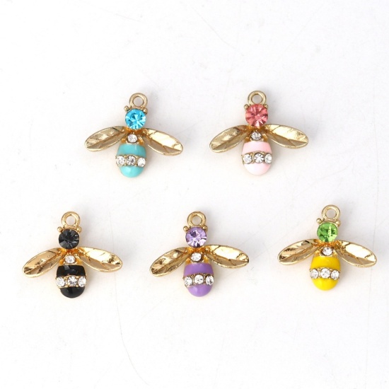 Picture of Zinc Based Alloy Charms Bee Animal Gold Plated Pink Clear Rhinestone Enamel 17mm( 5/8") x 15mm( 5/8"), 10 PCs