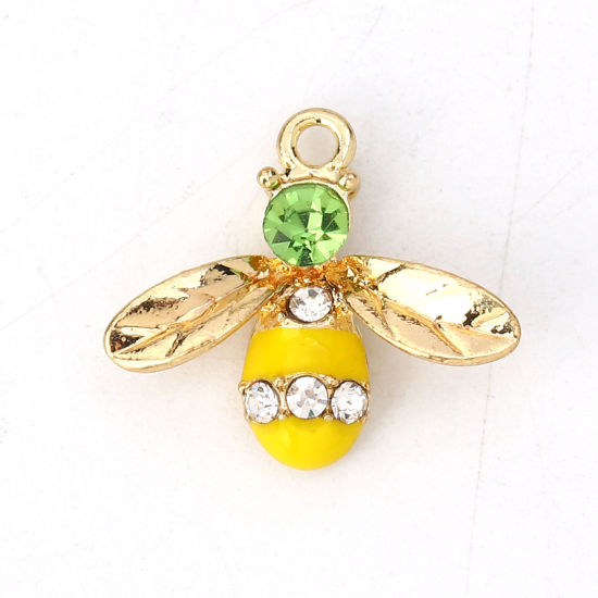 Picture of Zinc Based Alloy Charms Bee Animal Gold Plated Yellow Green Rhinestone Enamel 17mm( 5/8") x 15mm( 5/8"), 10 PCs