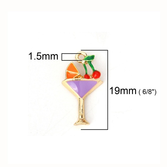 Bild von Zinklegierung Charms Weinglas Vergoldet Bunt Kirsche Emaille 19mm x 11mm, 10 Stück