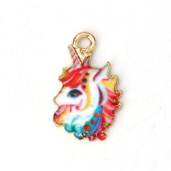 Image de Breloques en Alliage de Zinc Cheval Email Doré Multicolore 17mm x 11mm, 10 Pcs