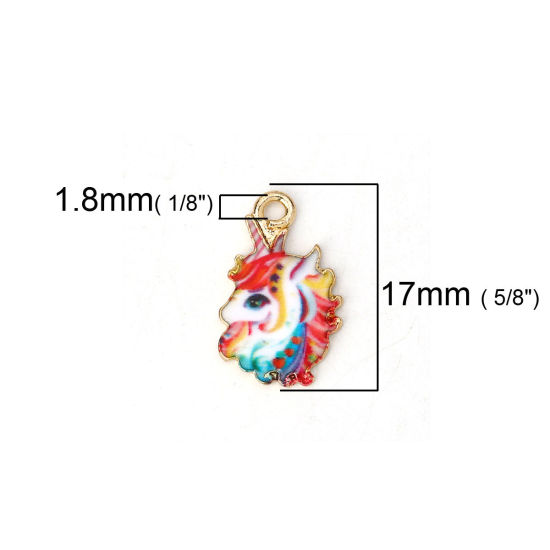 Image de Breloques en Alliage de Zinc Cheval Email Doré Multicolore 17mm x 11mm, 10 Pcs