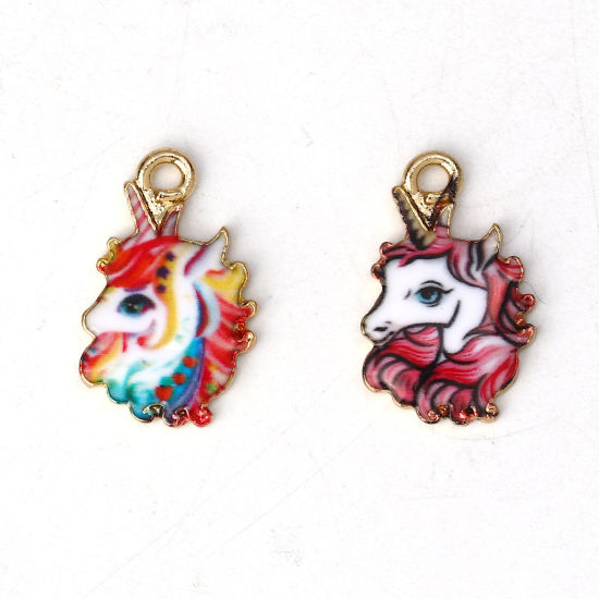 Image de Breloques en Alliage de Zinc Cheval Email Doré Multicolore 17mm x 11mm, 10 Pcs