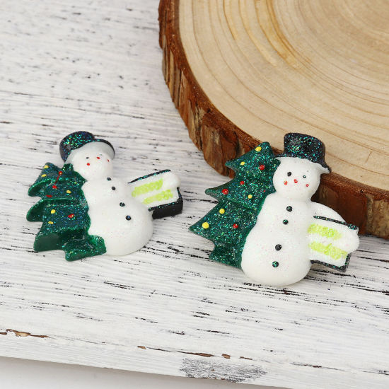 Immagine di Resina Cabochon per Abbellimento Pupazzo Natale Bianco & Verde Albero di Natale " Brillio 42mm x 38mm, 10 Pz