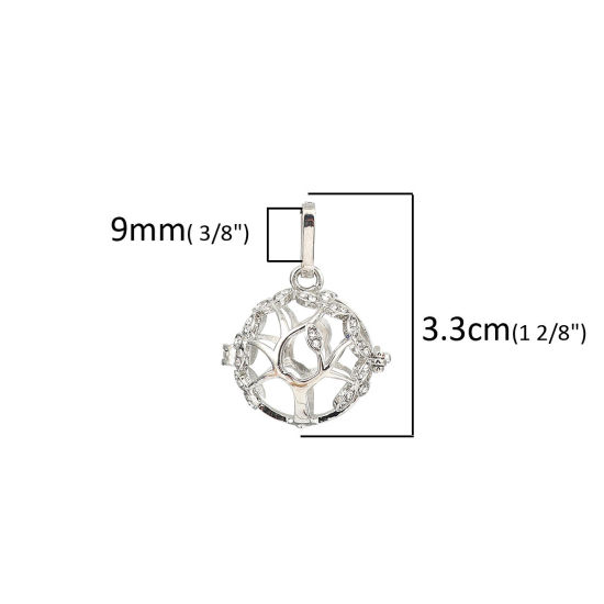 Picture of Brass Pendants Mexican Angel Caller Bola Harmony Ball Wish Box Locket Tree Silver Tone Clear Rhinestone Can Open (Fits 16mm Beads) 33mm(1 2/8") x 25mm(1"), 1 Piece