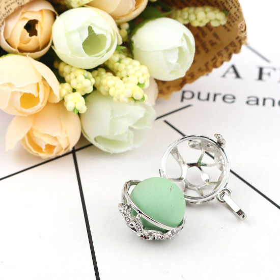 Picture of Brass Pendants Mexican Angel Caller Bola Harmony Ball Wish Box Locket Tree Silver Tone Clear Rhinestone Can Open (Fits 16mm Beads) 33mm(1 2/8") x 25mm(1"), 1 Piece