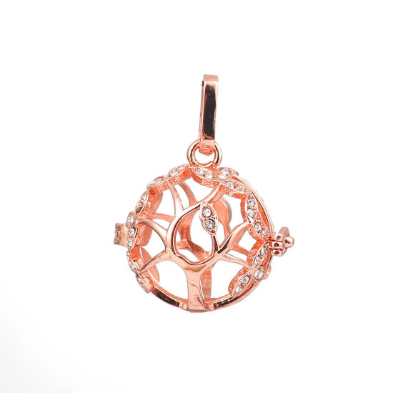 Picture of 1 Piece Brass Pendants Mexican Angel Caller Bola Harmony Ball Wish Box Locket Tree Rose Gold Clear Rhinestone Can Open (Fits 16mm Beads) 33mm x 25mm