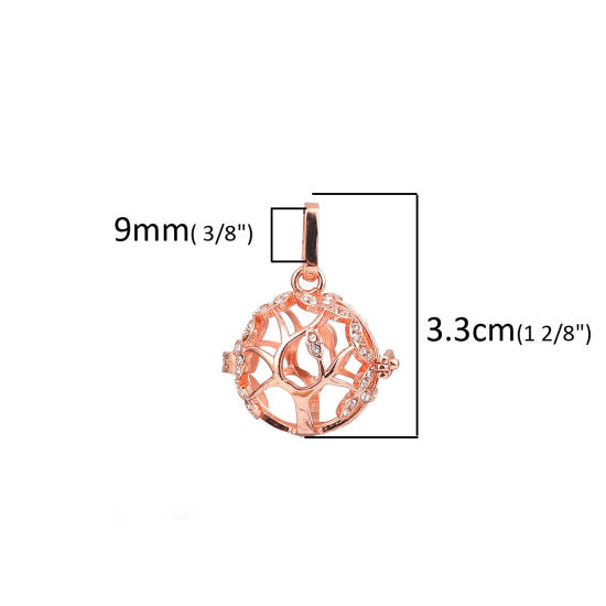 Picture of 1 Piece Brass Pendants Mexican Angel Caller Bola Harmony Ball Wish Box Locket Tree Rose Gold Clear Rhinestone Can Open (Fits 16mm Beads) 33mm x 25mm