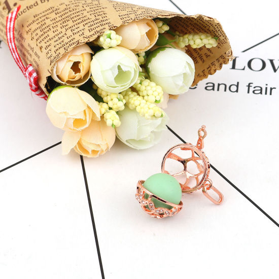 Picture of 1 Piece Brass Pendants Mexican Angel Caller Bola Harmony Ball Wish Box Locket Tree Rose Gold Clear Rhinestone Can Open (Fits 16mm Beads) 33mm x 25mm