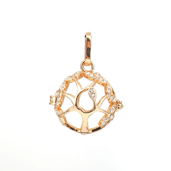 Picture of Brass Pendants Mexican Angel Caller Bola Harmony Ball Wish Box Locket Tree Gold Plated Clear Rhinestone Can Open (Fits 16mm Beads) 33mm(1 2/8") x 25mm(1"), 1 Piece