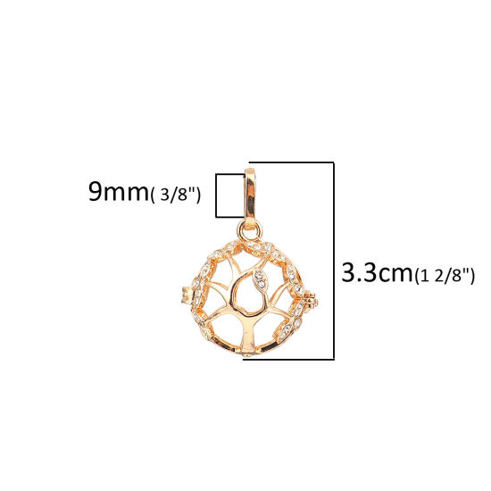 Picture of Brass Pendants Mexican Angel Caller Bola Harmony Ball Wish Box Locket Tree Gold Plated Clear Rhinestone Can Open (Fits 16mm Beads) 33mm(1 2/8") x 25mm(1"), 1 Piece