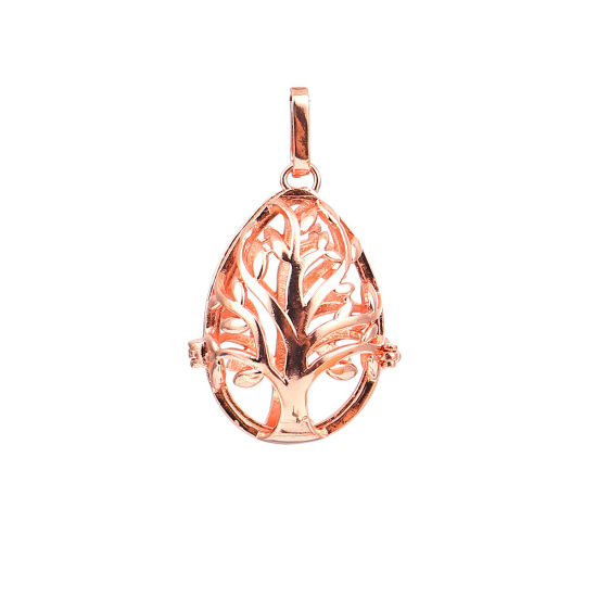 Picture of Brass Pendants Drop Tree Rose Gold Can Open (Fits 18mm Beads) 45mm(1 6/8") x 27mm(1 1/8"), 2 PCs