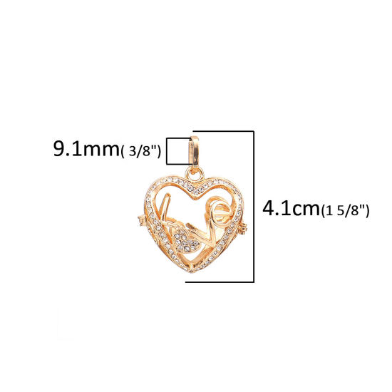 Picture of 1 Piece Brass Pendants Mexican Angel Caller Bola Harmony Ball Wish Box Locket Heart Gold Plated Message " LOVE " Clear Rhinestone Can Open (Fits 18mm Beads) 41mm x 32mm