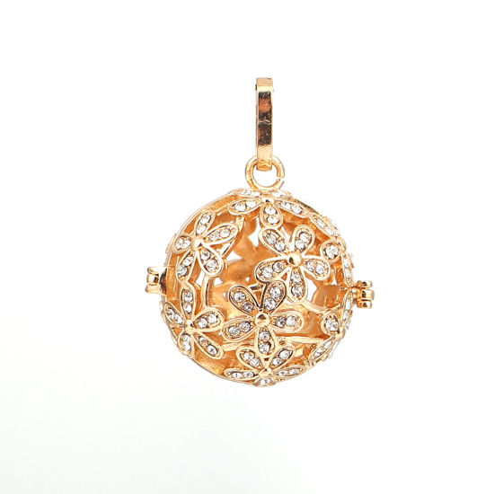Picture of Brass Pendants Mexican Angel Caller Bola Harmony Ball Wish Box Locket Flower Gold Plated Clear Rhinestone Can Open (Fits 18mm Beads) 35mm(1 3/8") x 26mm(1"), 1 Piece