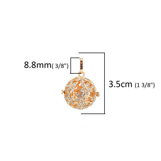 Picture of Brass Pendants Mexican Angel Caller Bola Harmony Ball Wish Box Locket Flower Gold Plated Clear Rhinestone Can Open (Fits 18mm Beads) 35mm(1 3/8") x 26mm(1"), 1 Piece
