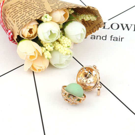 Picture of Brass Pendants Mexican Angel Caller Bola Harmony Ball Wish Box Locket Flower Gold Plated Clear Rhinestone Can Open (Fits 18mm Beads) 35mm(1 3/8") x 26mm(1"), 1 Piece
