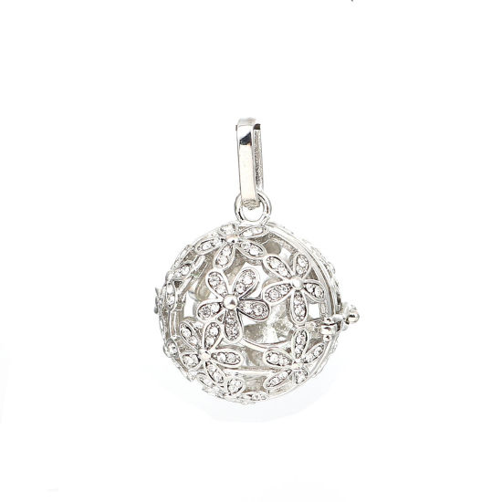 Picture of Brass Pendants Mexican Angel Caller Bola Harmony Ball Wish Box Locket Flower Silver Tone Clear Rhinestone Can Open (Fits 18mm Beads) 35mm(1 3/8") x 26mm(1"), 1 Piece