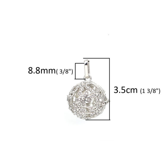 Picture of Brass Pendants Mexican Angel Caller Bola Harmony Ball Wish Box Locket Flower Silver Tone Clear Rhinestone Can Open (Fits 18mm Beads) 35mm(1 3/8") x 26mm(1"), 1 Piece