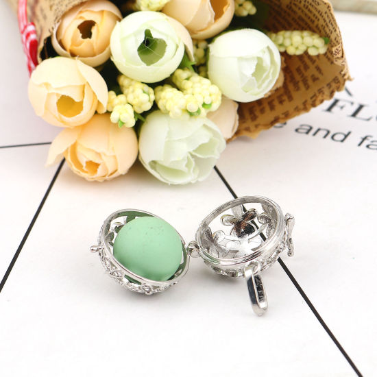 Picture of Brass Pendants Mexican Angel Caller Bola Harmony Ball Wish Box Locket Flower Silver Tone Clear Rhinestone Can Open (Fits 18mm Beads) 35mm(1 3/8") x 26mm(1"), 1 Piece
