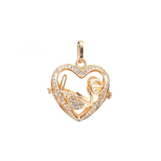 Picture of Brass Pendants Mexican Angel Caller Bola Harmony Ball Wish Box Locket Flower Silver Tone Clear Rhinestone Can Open (Fits 18mm Beads) 35mm(1 3/8") x 26mm(1"), 1 Piece
