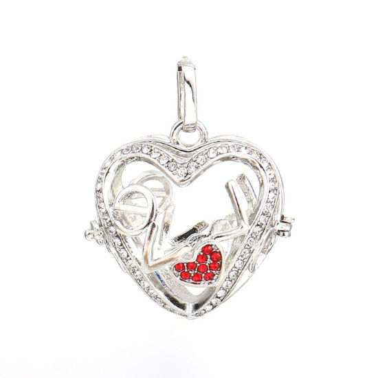 Picture of Brass Pendants Mexican Angel Caller Bola Harmony Ball Wish Box Locket Flower Silver Tone Clear Rhinestone Can Open (Fits 18mm Beads) 35mm(1 3/8") x 26mm(1"), 1 Piece