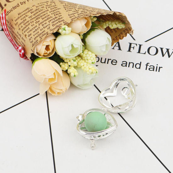 Picture of Brass Pendants Mexican Angel Caller Bola Harmony Ball Wish Box Locket Flower Silver Tone Clear Rhinestone Can Open (Fits 18mm Beads) 35mm(1 3/8") x 26mm(1"), 1 Piece