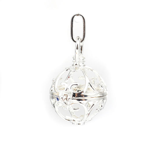 Picture of Copper Pendants Mexican Angel Caller Bola Harmony Ball Wish Box Locket Heart Silver Plated Can Open (Fits 18mm Beads) 43mm(1 6/8") x 26mm(1"), 2 PCs