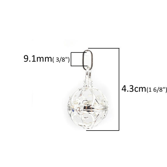 Picture of Copper Pendants Mexican Angel Caller Bola Harmony Ball Wish Box Locket Heart Silver Plated Can Open (Fits 18mm Beads) 43mm(1 6/8") x 26mm(1"), 2 PCs