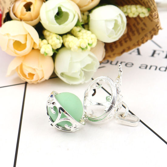 Picture of Copper Pendants Mexican Angel Caller Bola Harmony Ball Wish Box Locket Heart Silver Plated Can Open (Fits 18mm Beads) 43mm(1 6/8") x 26mm(1"), 2 PCs