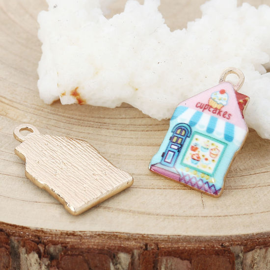 Bild von Zinklegierung Charms Haus Vergoldet Bunt Emaille 22mm x 13mm, 10 Stück