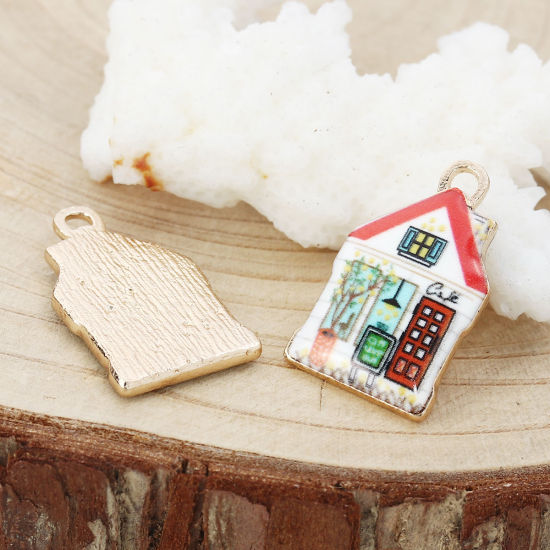Bild von Zinklegierung Charms Haus Vergoldet Bunt Emaille 22mm x 13mm, 10 Stück