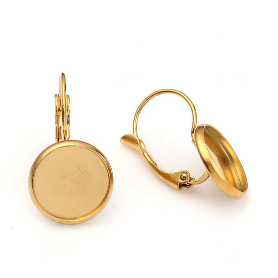 Picture of Stainless Steel Lever Back Clips Earrings Round Gold Plated Cabochon Settings (Fits 12mm Dia.) 25mm(1") x 14mm( 4/8"), 4 PCs