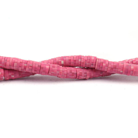 Image de Perles Heishi Katsuki en Pâte Polymère Rond Rose Pêche à Pois 5mm Dia, Taille de Trou: 1.8mm, 40cm long, 3 Enfilades (Env. 380 PCs/Enfilade)