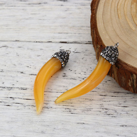 Immagine di Resina Stile Bohemien Ciondoli Forma di Corno Micro Spianare Arancione " Trasparente Strass 50mm x 10mm, 2 Pz
