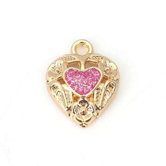 Bild von Zinklegierung Charms Herz Vergoldet Fuchsie Glitzert Emaille 18mm x 14mm, 10 Stück
