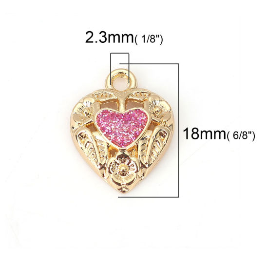 Bild von Zinklegierung Charms Herz Vergoldet Fuchsie Glitzert Emaille 18mm x 14mm, 10 Stück