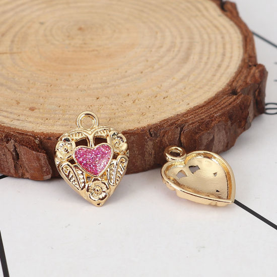 Bild von Zinklegierung Charms Herz Vergoldet Fuchsie Glitzert Emaille 18mm x 14mm, 10 Stück